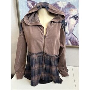 Lucky Brand Women's XS Brown Blue Distressed‎ Plaid Full Zip Lightweight Jacket